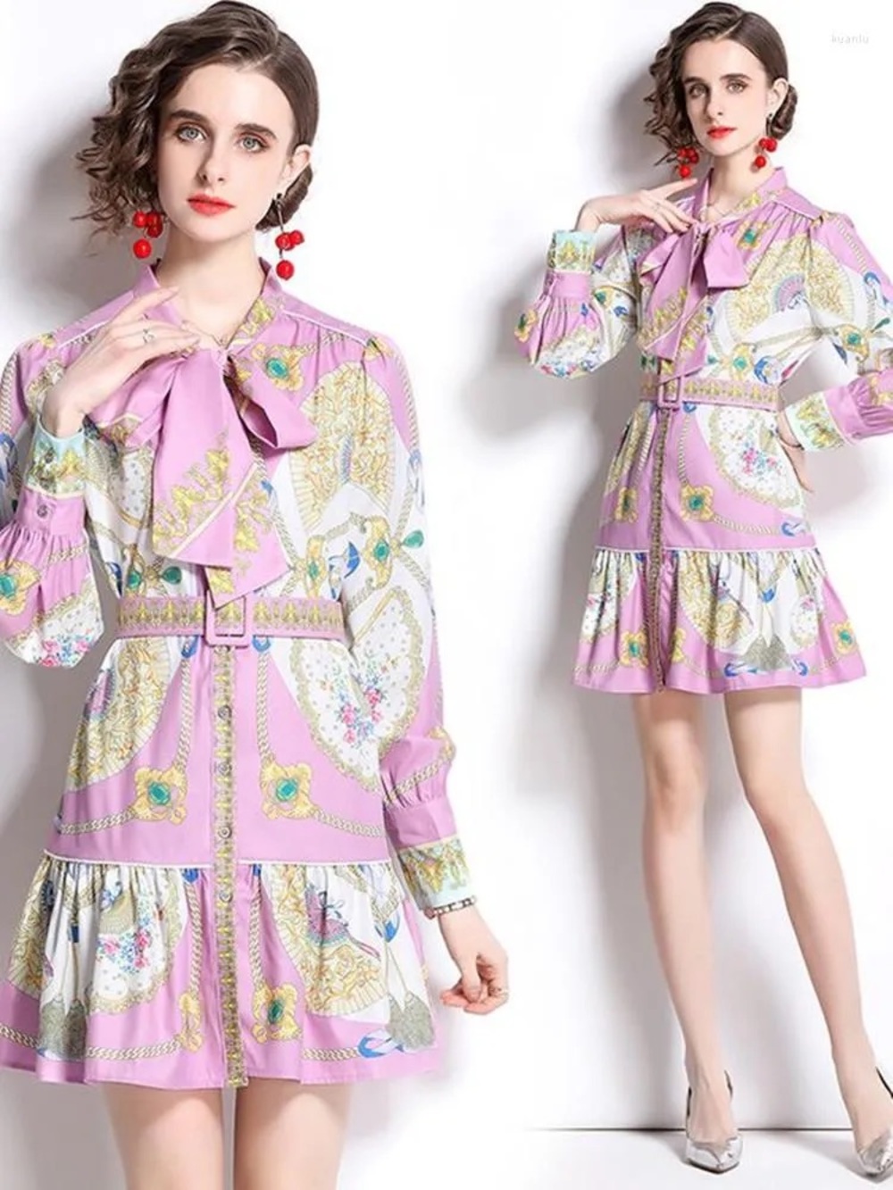 Dalia MacPhee Long Sleeve Dress with Neck Tie and Belt